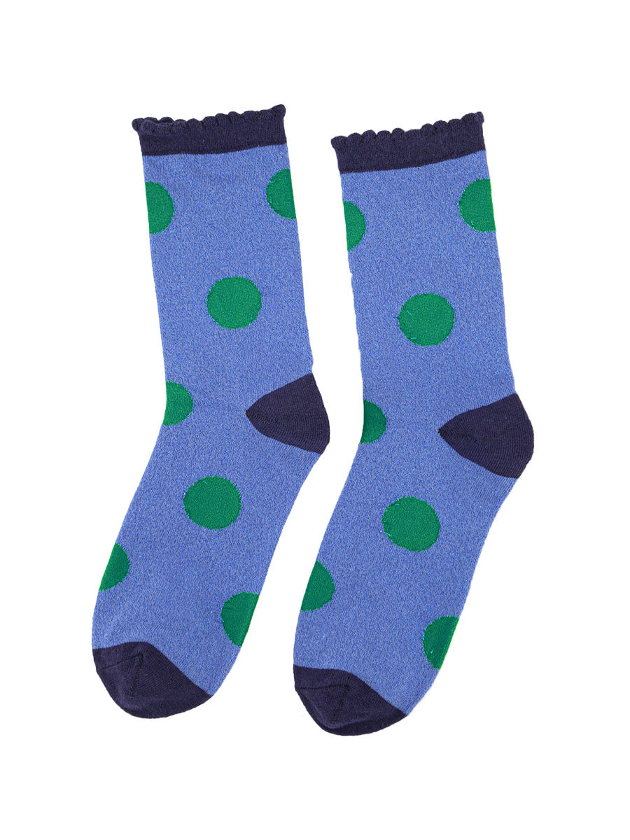 blue and green sparkly ankle socks with a large polka dot pattern