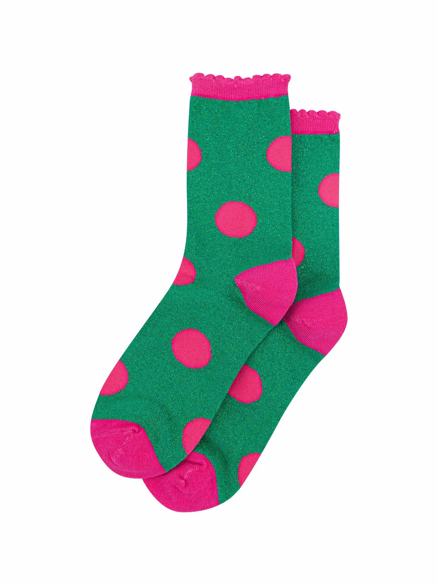 green and pink glitter ankle socks with a large scattered polka dot spot pattern