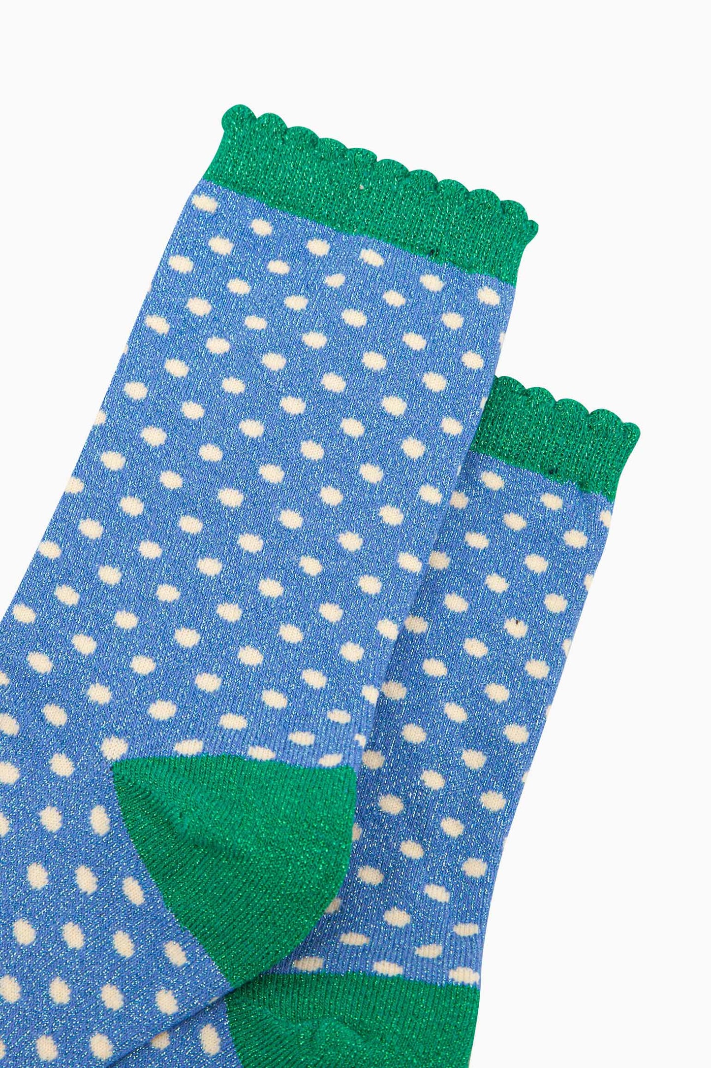 womens-glitter-socks-denim-blue-green-polka-dots-close-up-silver-sparkly-shimmer-all-over