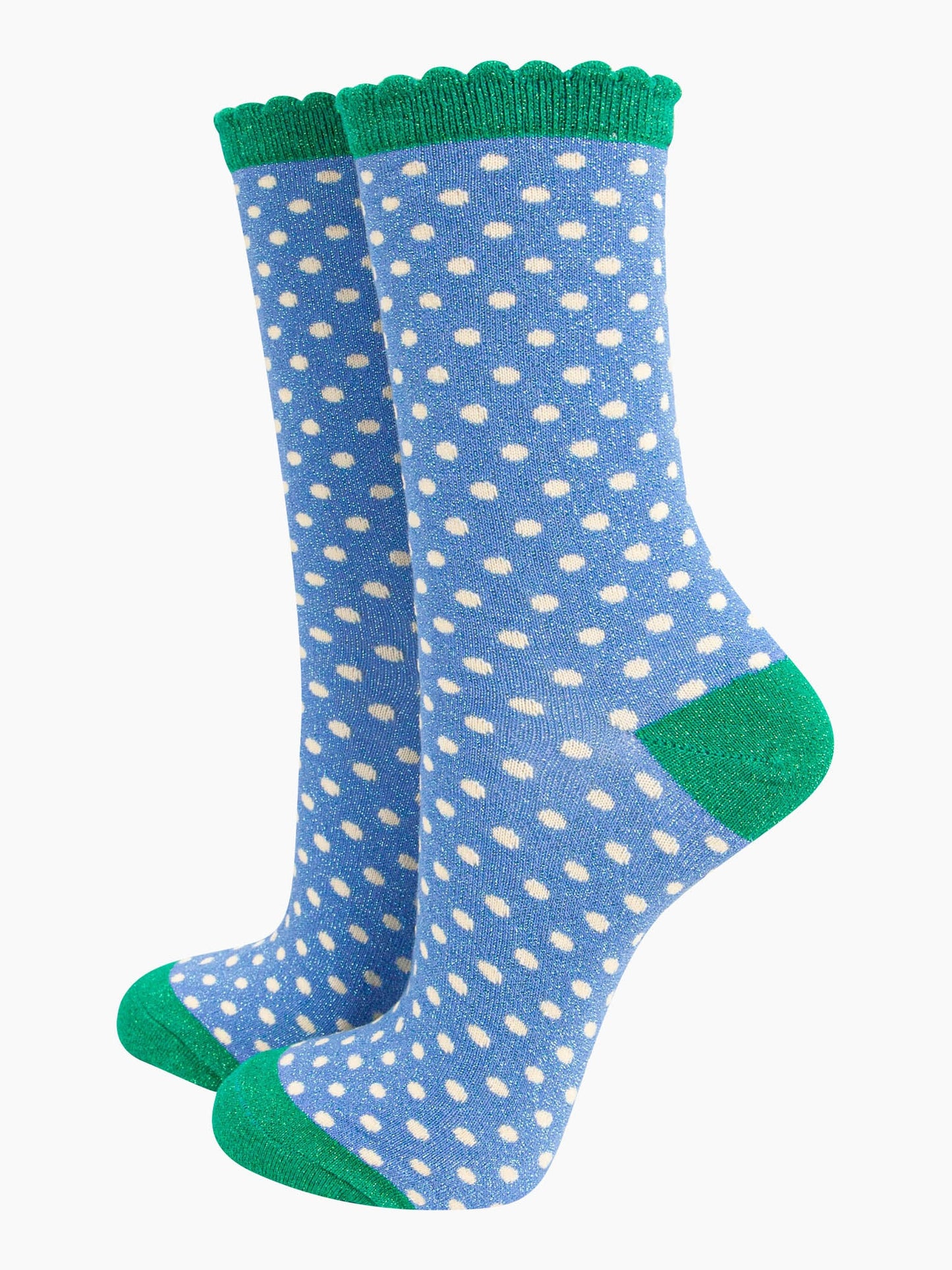 womens-glitter-socks-denim-blue-green-polka-dots-white-spots-green-heel-toe-cuff-sparkly