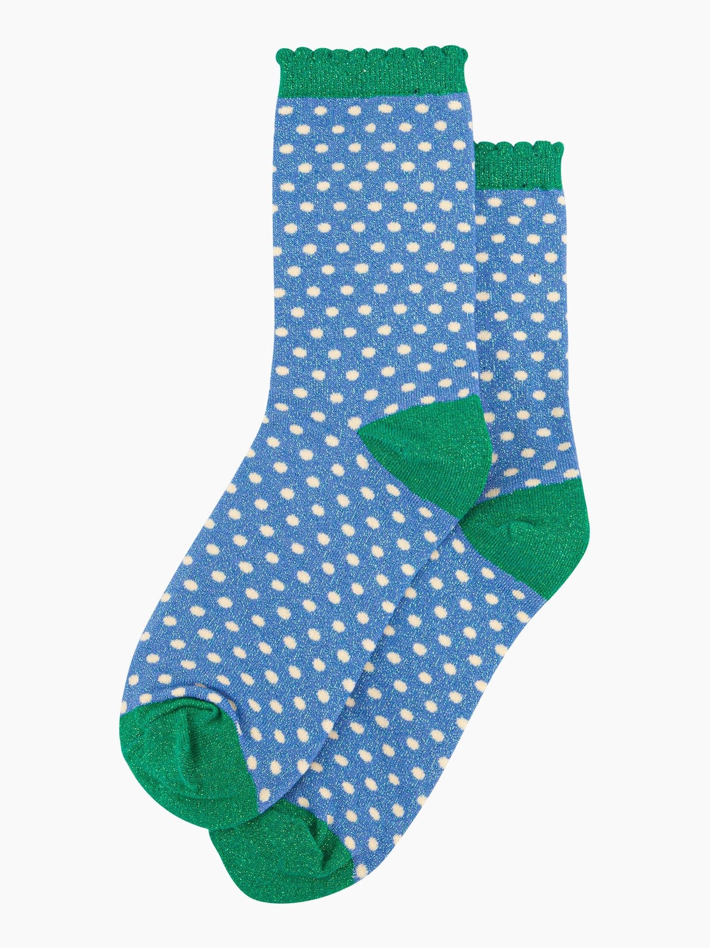 womens-glitter-socks-denim-blue-green-polka-dots-laying-flat-sparkly-material-scalloped-frilly-cuffs
