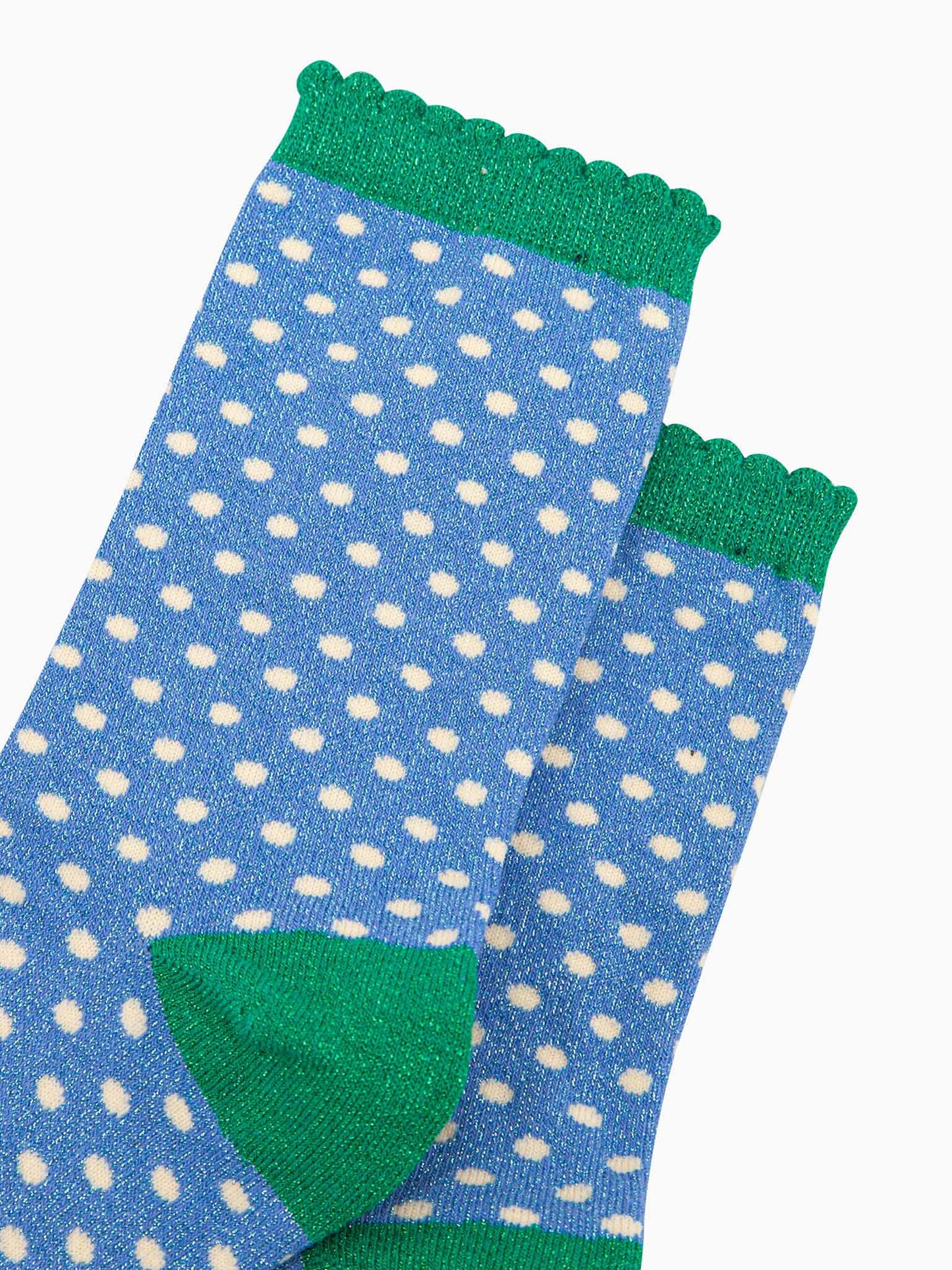 womens-glitter-socks-denim-blue-green-polka-dots-close-up-silver-sparkly-shimmer-all-over