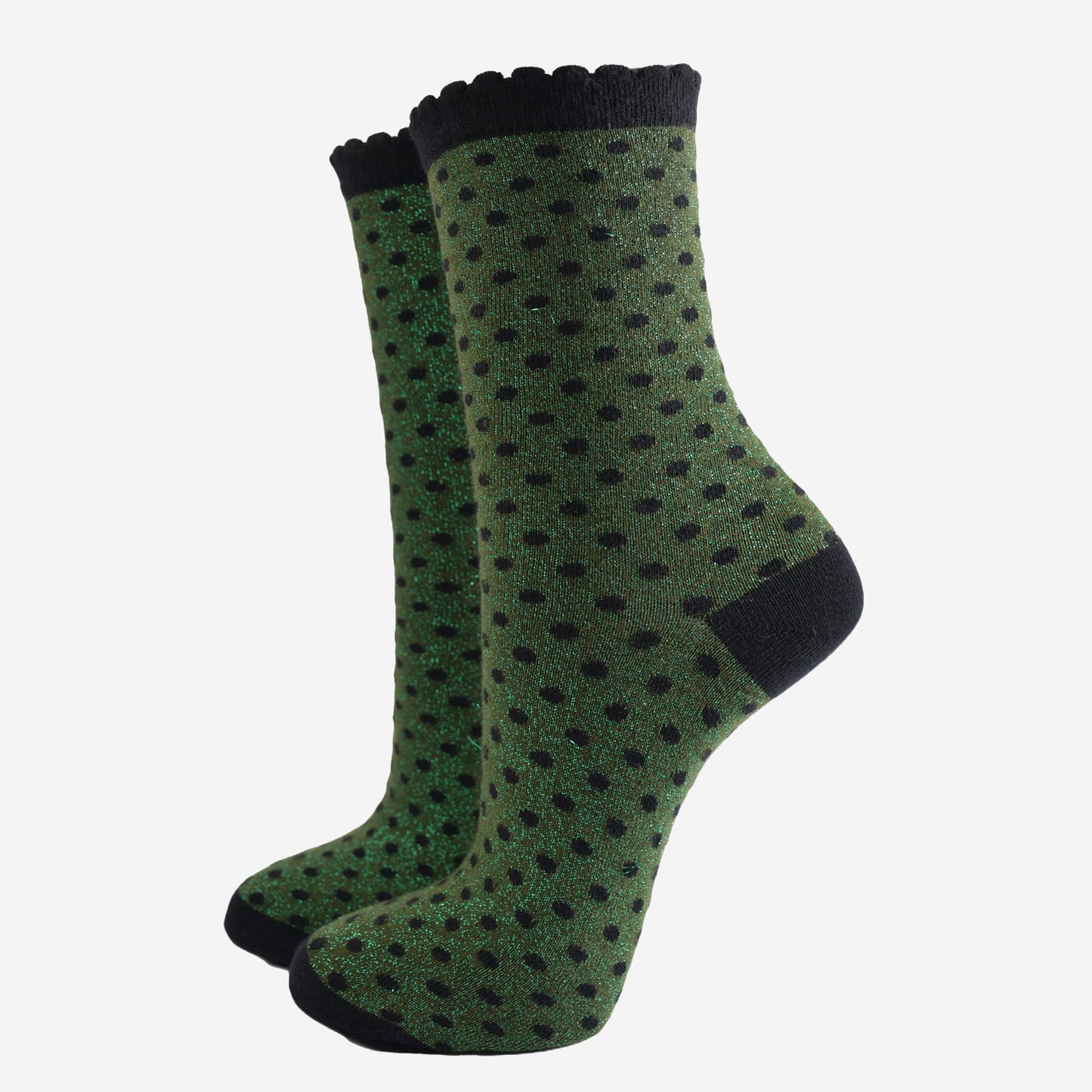 khaki green ankle socks with an all over pattern of small black polka dots