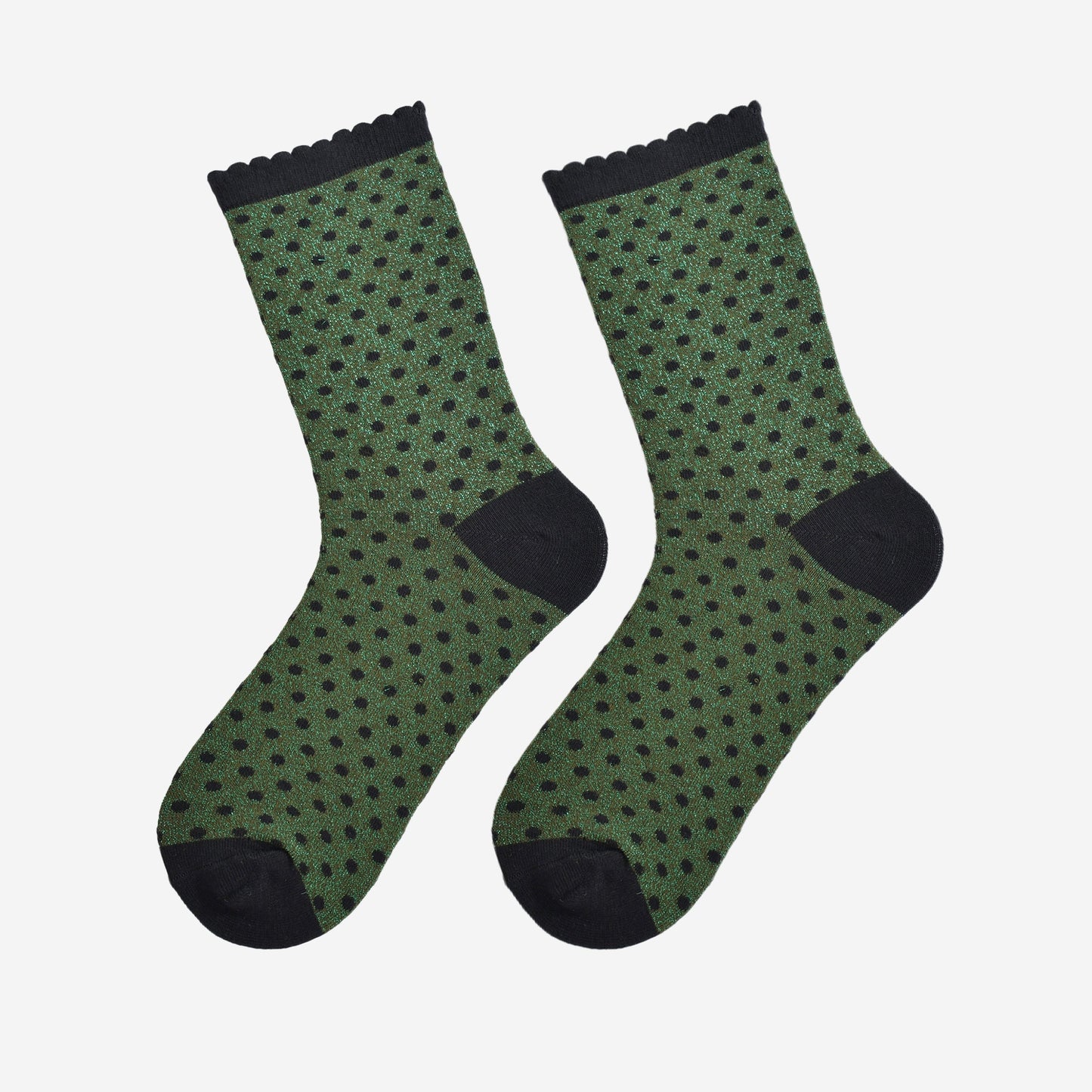 khaki green and black polka dot socks laying flat, showing the all over glitter sparkle