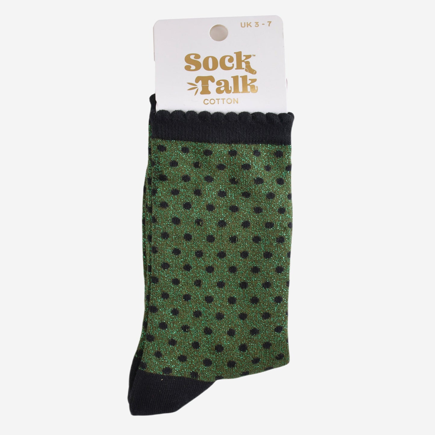 khaki green and black polka dot glitter socks in their sock talk packaging, the socks are a uk size 3-7