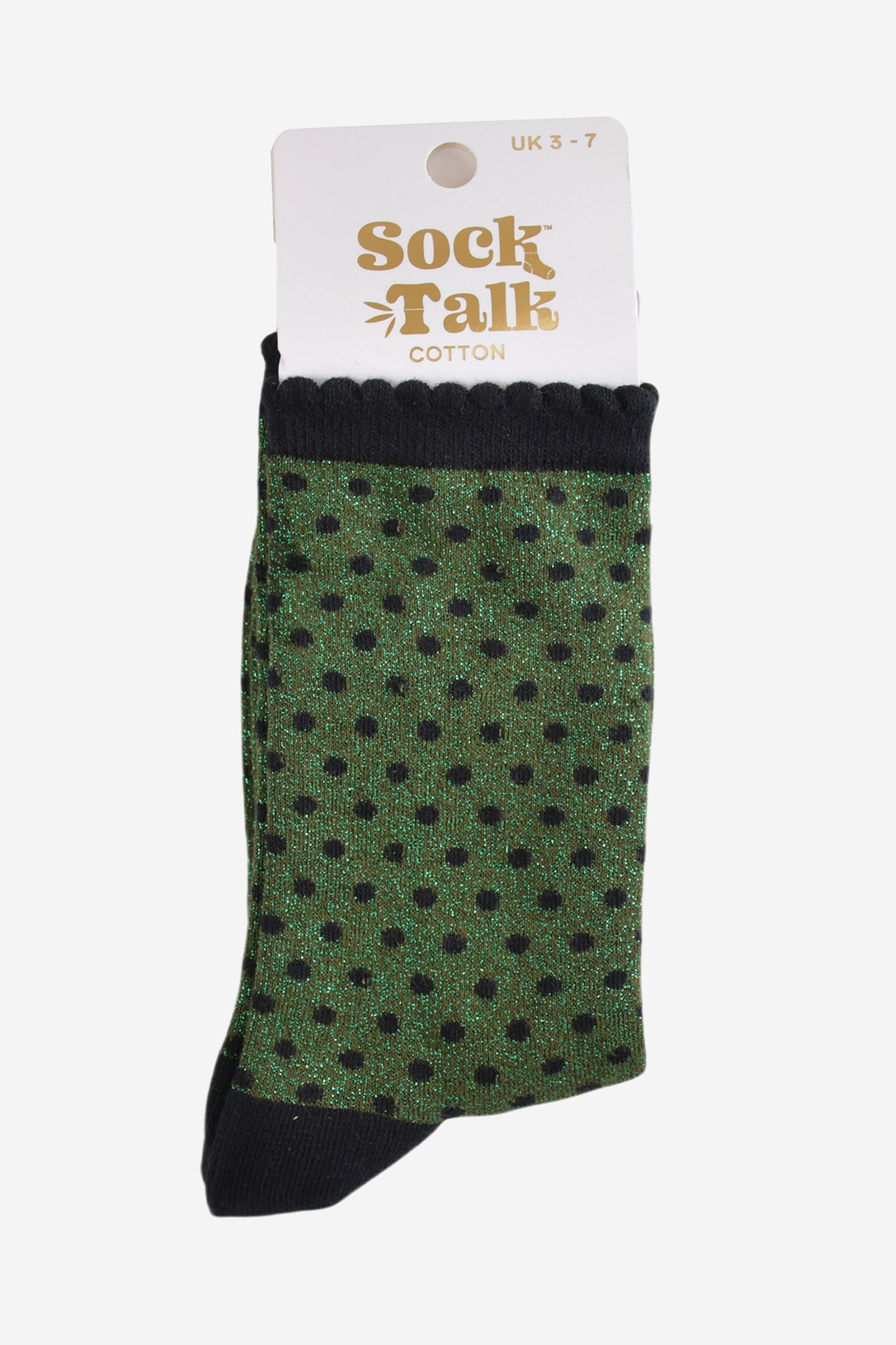 khaki green and black polka dot glitter socks in their sock talk packaging, the socks are a uk size 3-7