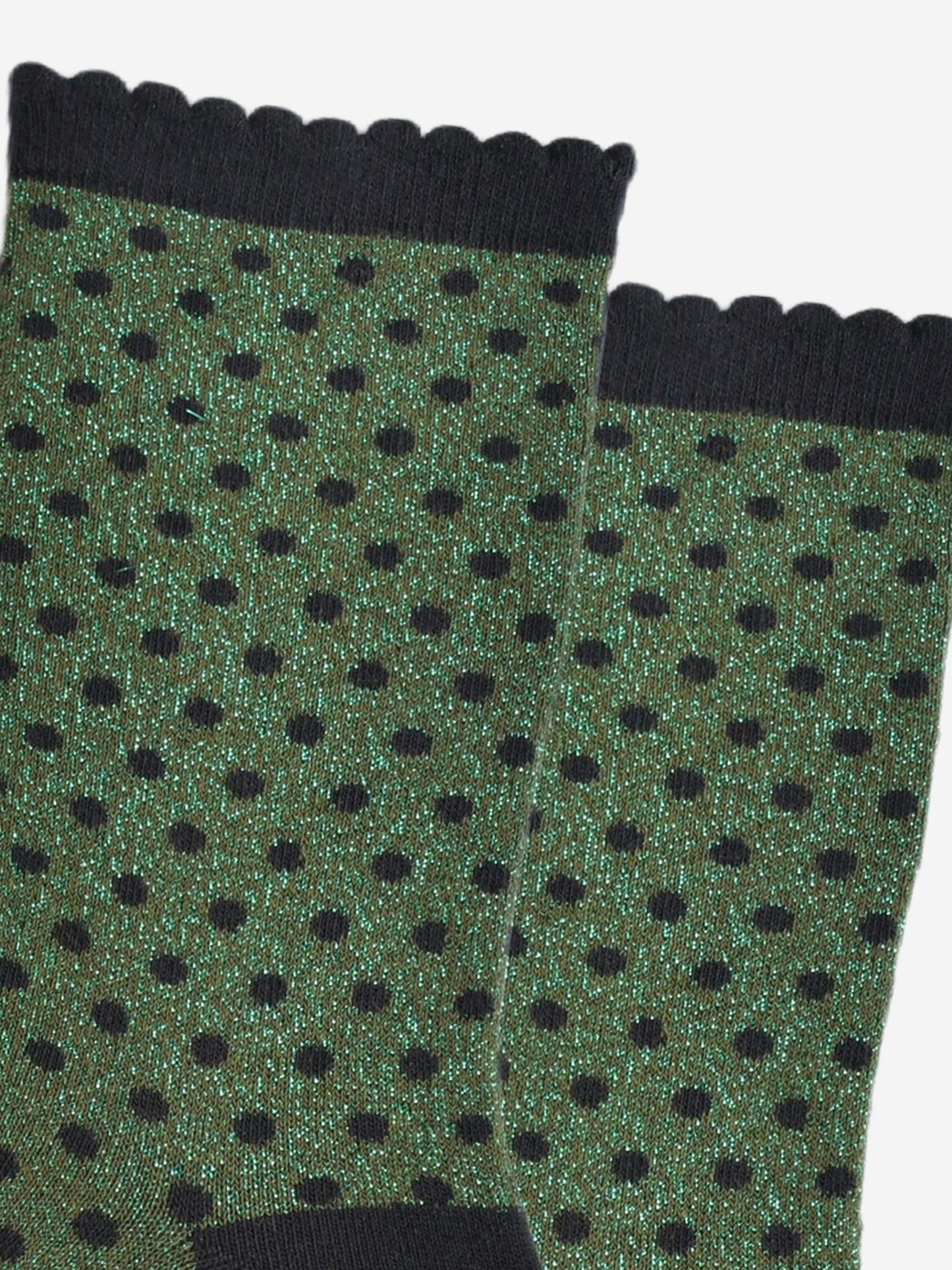 close up of the sparkly polka dot socks, showing the all over shimmer