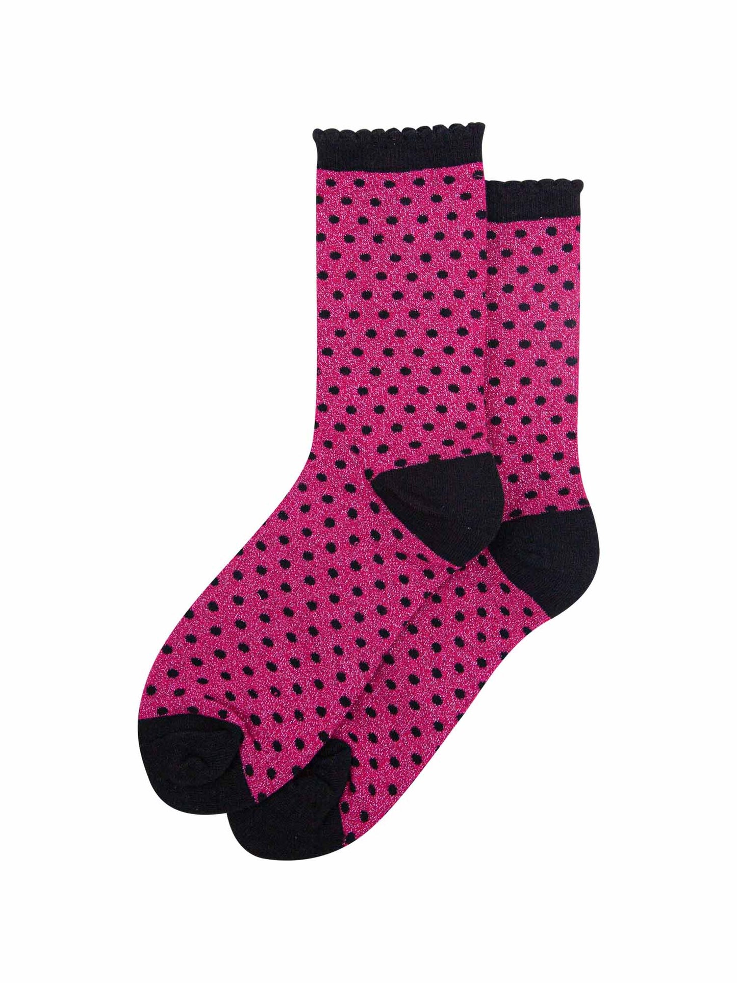 hot pink and black polka dot socks laying flat, showing the all over glitter sparkle