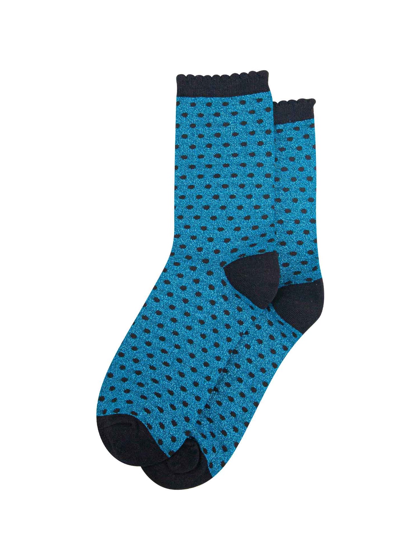 teal and black polka dot socks laying flat, showing the all over glitter sparkle