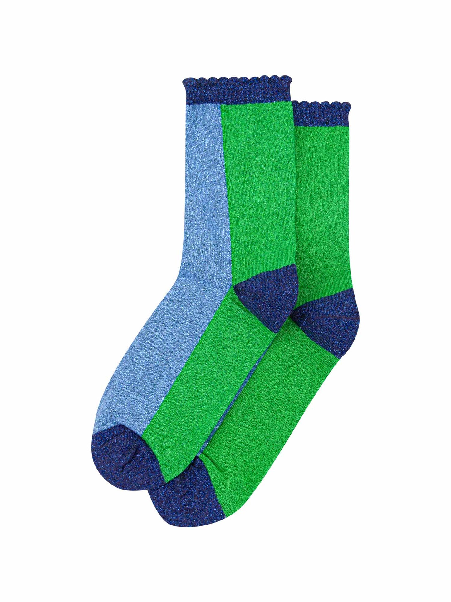 womens cotton glitter socks in blue and green with a scalloped cuff