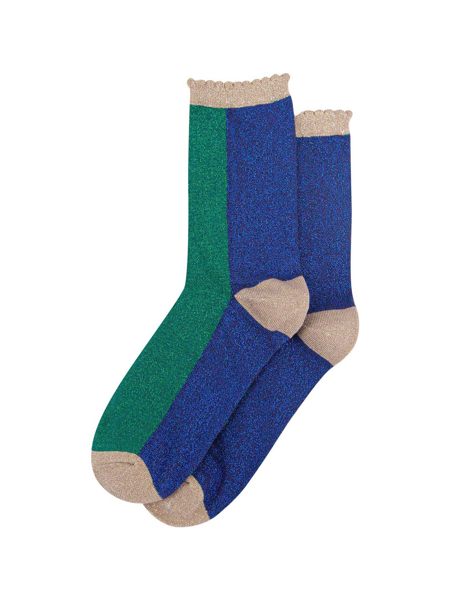 womens-forest-green-navy-blue-colour-block-glitter-socks-laying-flat