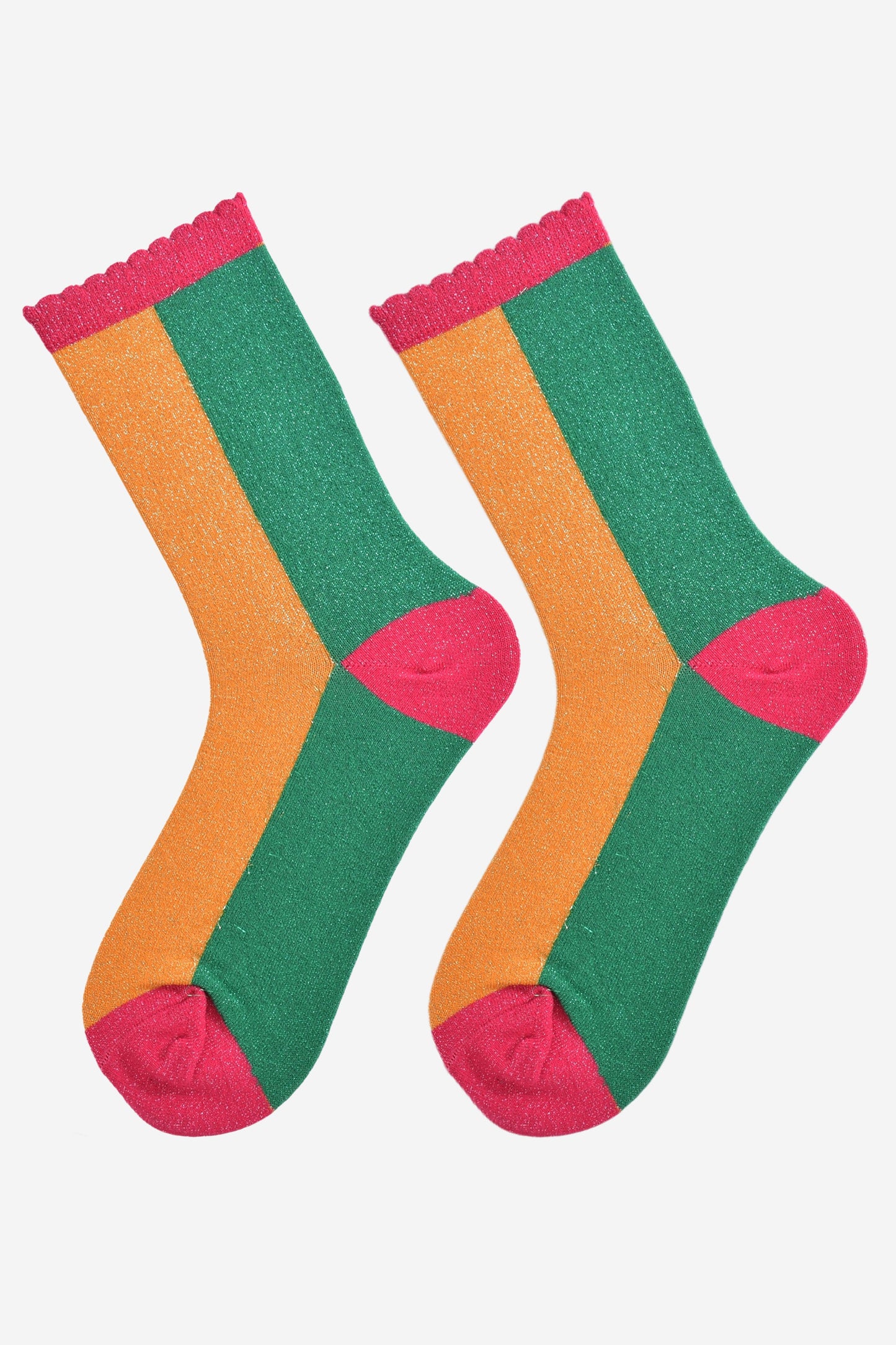 Women's Glitter Socks - Orange/Green, Colour Block