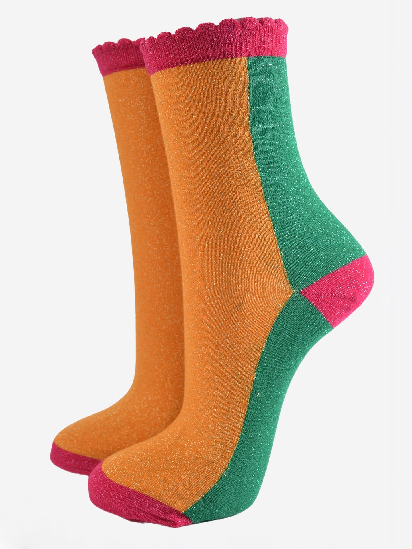 Women's Glitter Socks - Orange/Green, Colour Block