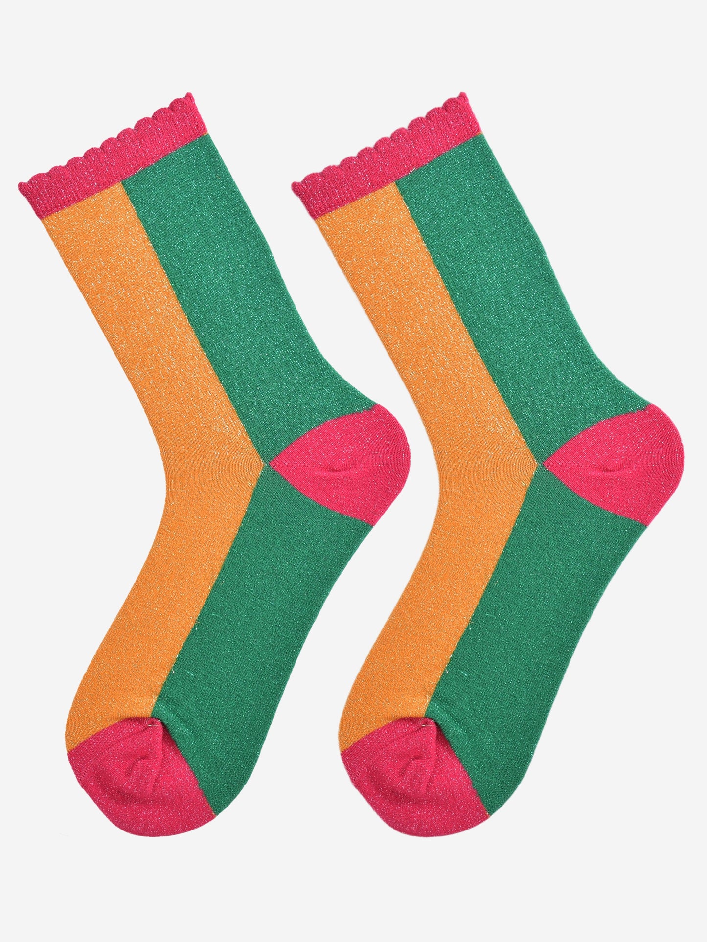 Women's Glitter Socks - Orange/Green, Colour Block