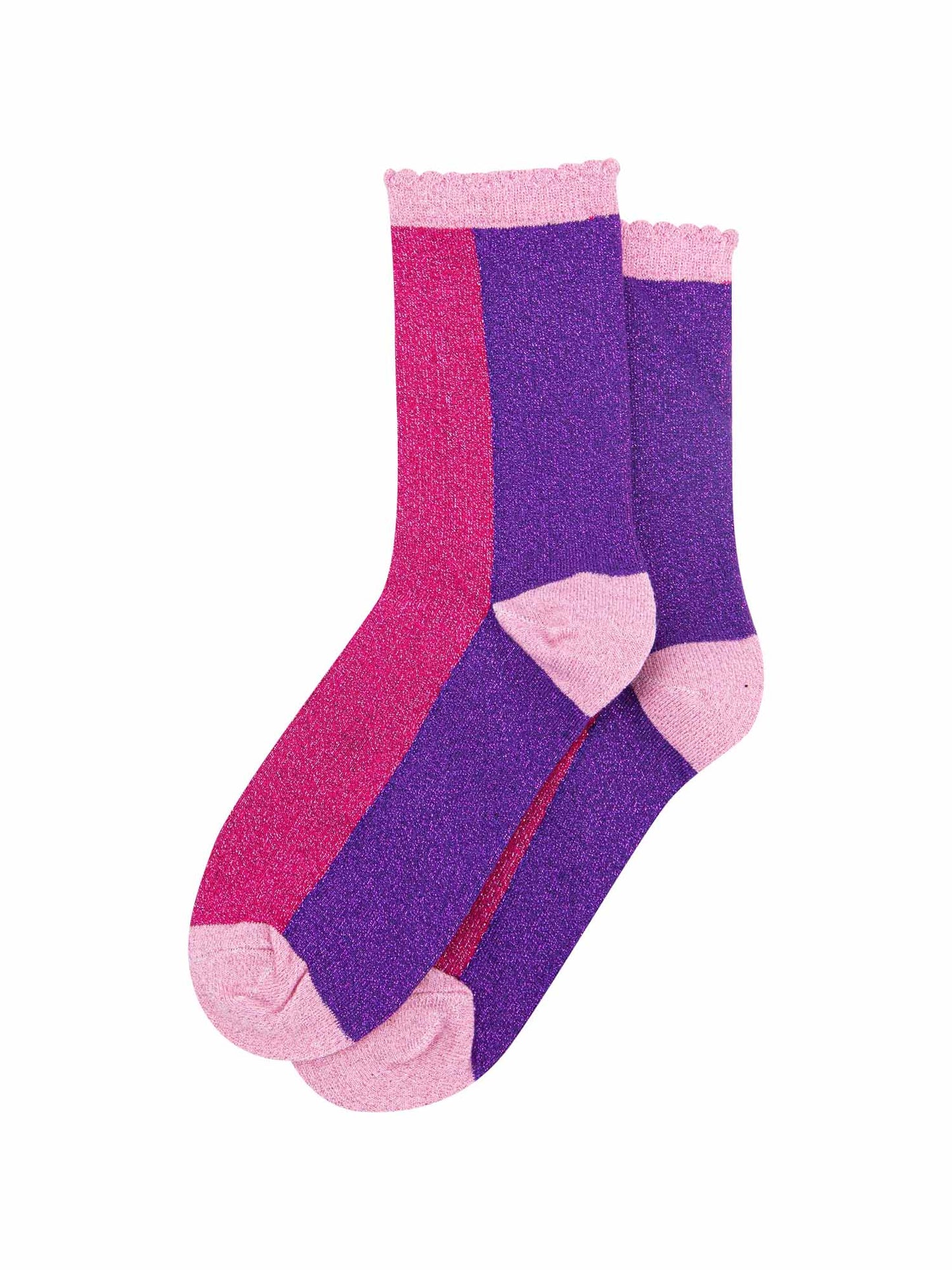 pink and purple colour block socks with pink heel, toe and cuff with an all over glitter sparkle and scalloped edge