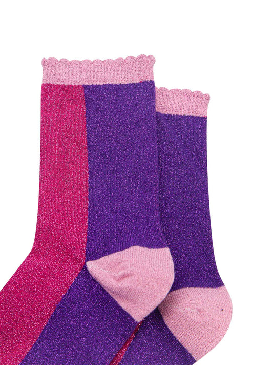 pink and purple colour block socks with pink heel, toe and cuff with an all over glitter sparkle and scalloped edge