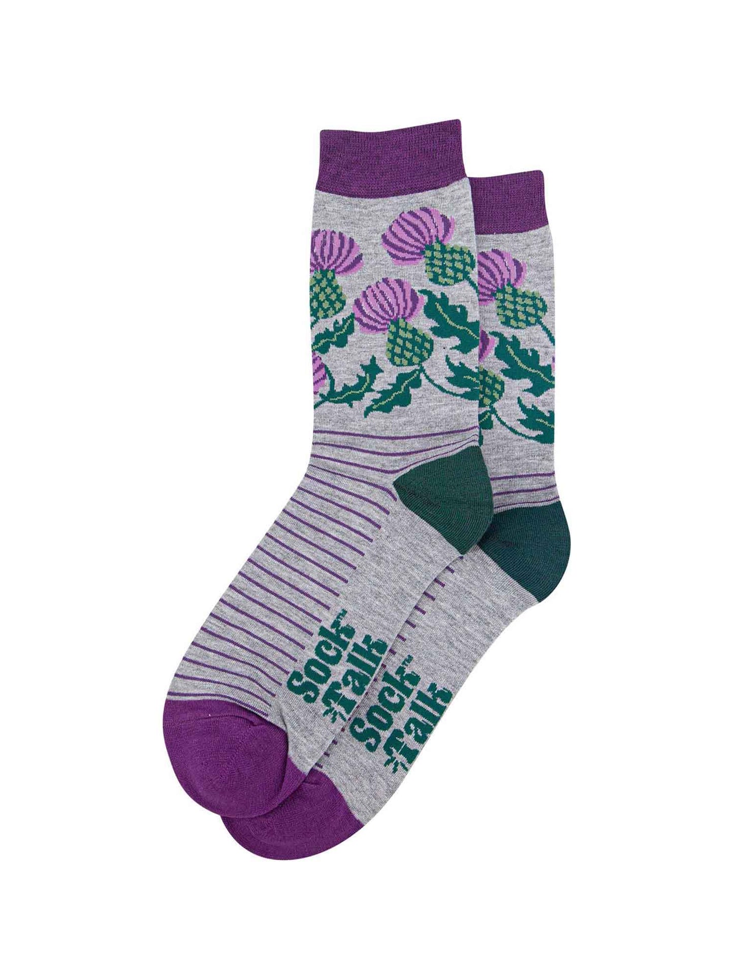 mens grey bamboo socks featuring a Scottish thistle design and purple stripes