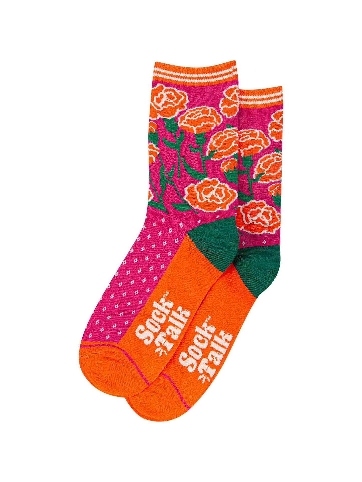 pink and orange floral bamboo socks featuring carnations