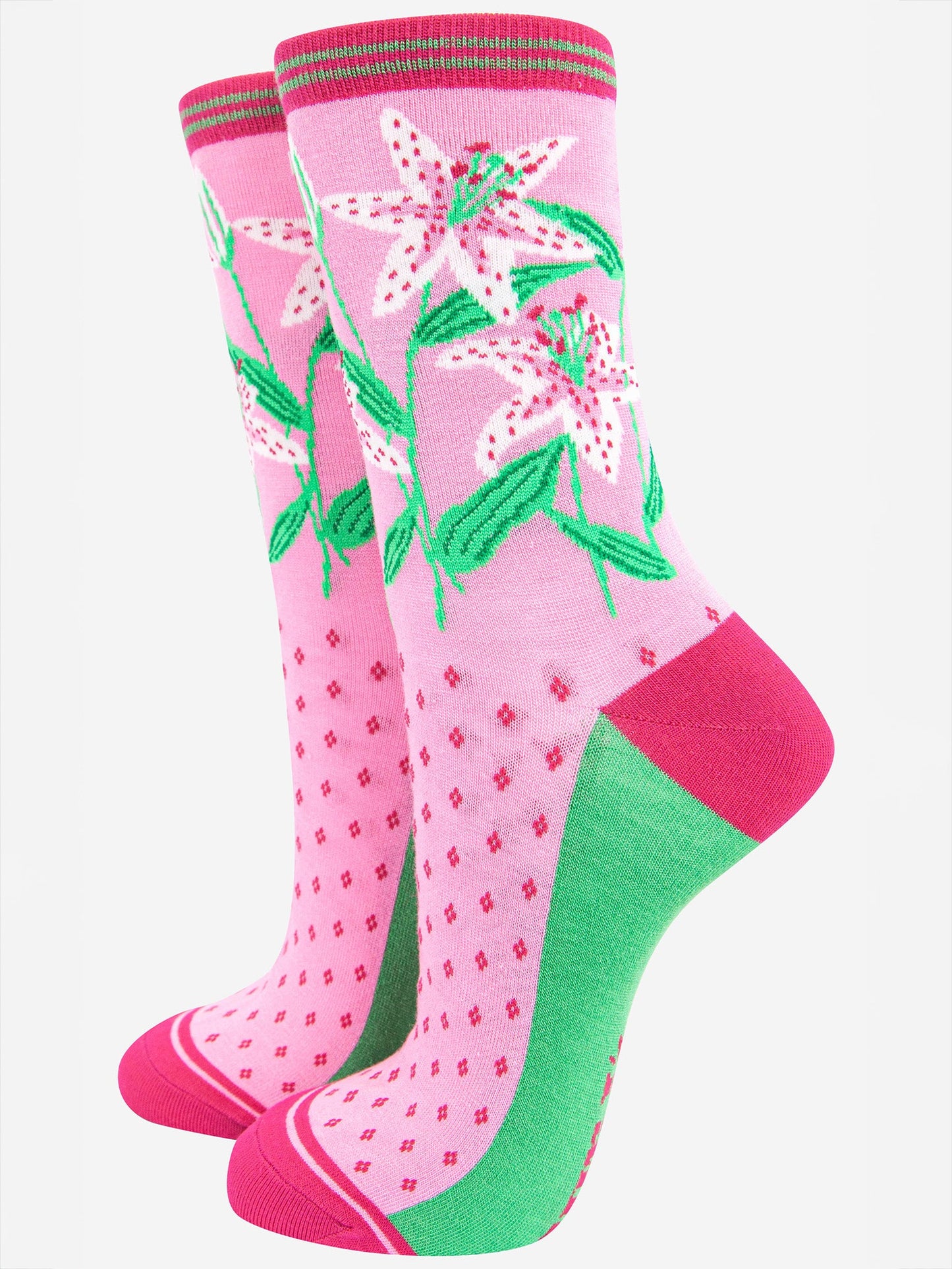 pink bamboo socks with a white lily floral pattern