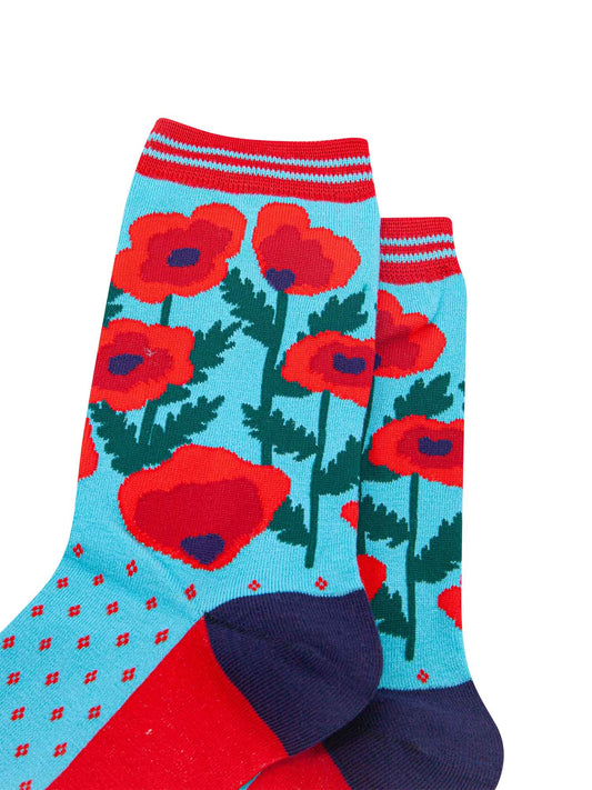close up of the red poppies on the bamboo ankle socks