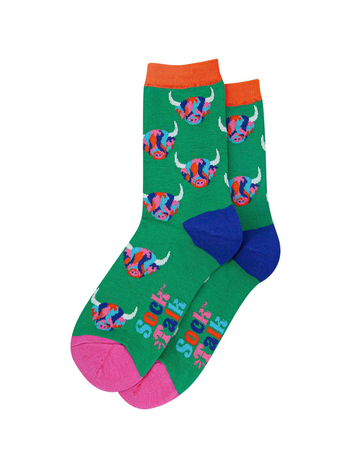 green ankle socks with an orange cuff, blue heel and pink toe with an all over pattern of multi-coloured highland cows