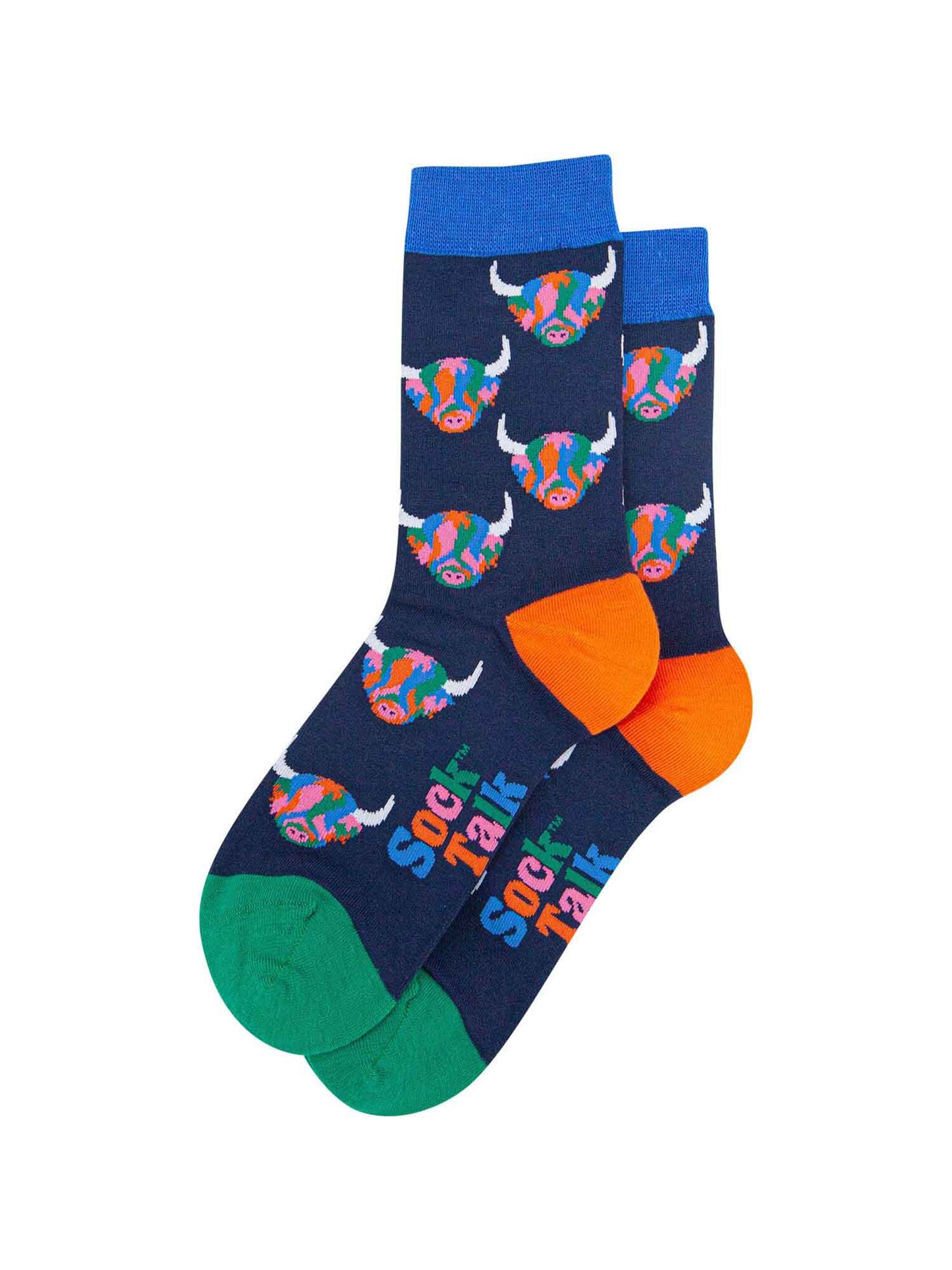 navy blue socks with light blue cuff, orange heel and green toe with an all over rainbow highland cow pattern