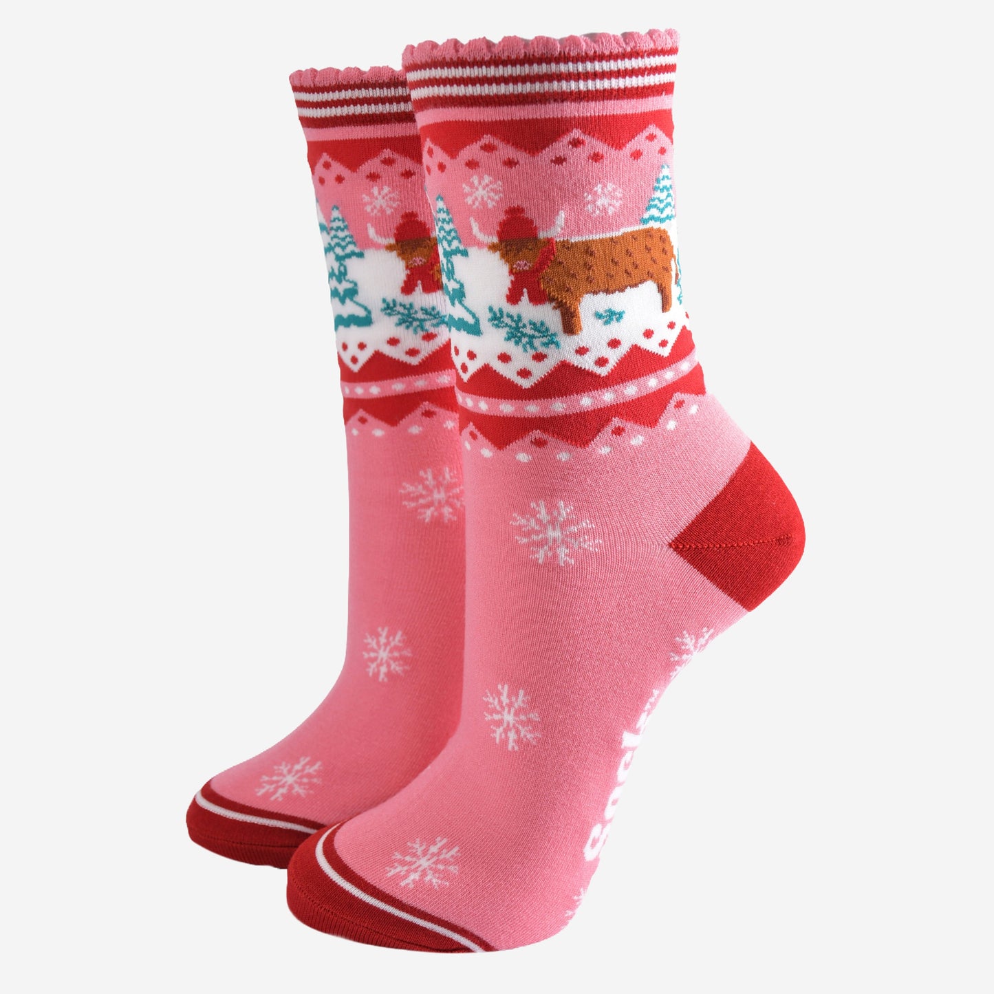 Women's Bamboo Socks - Pink/Red, Christmas Highland Cow