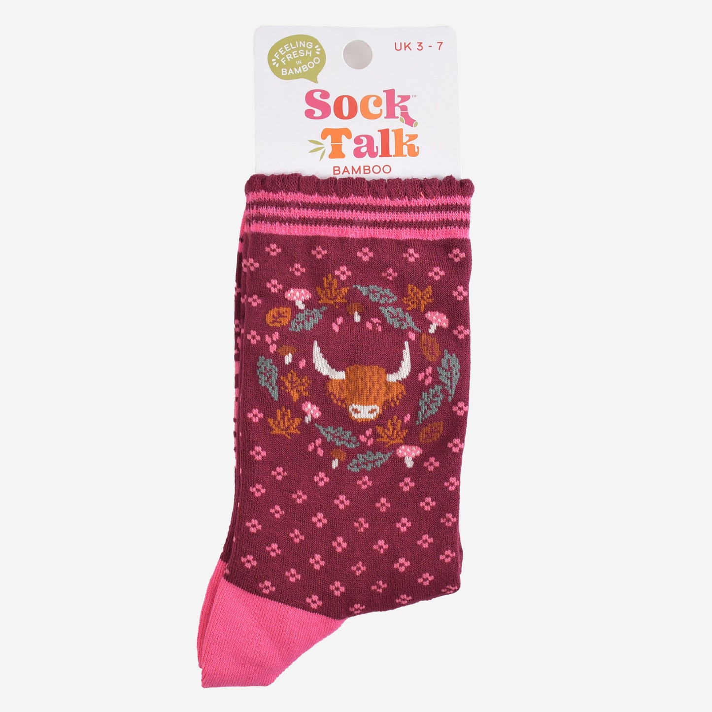 highland cow wreath bamboo socks in their sock talk packaging, these socks are a uk size 3-7