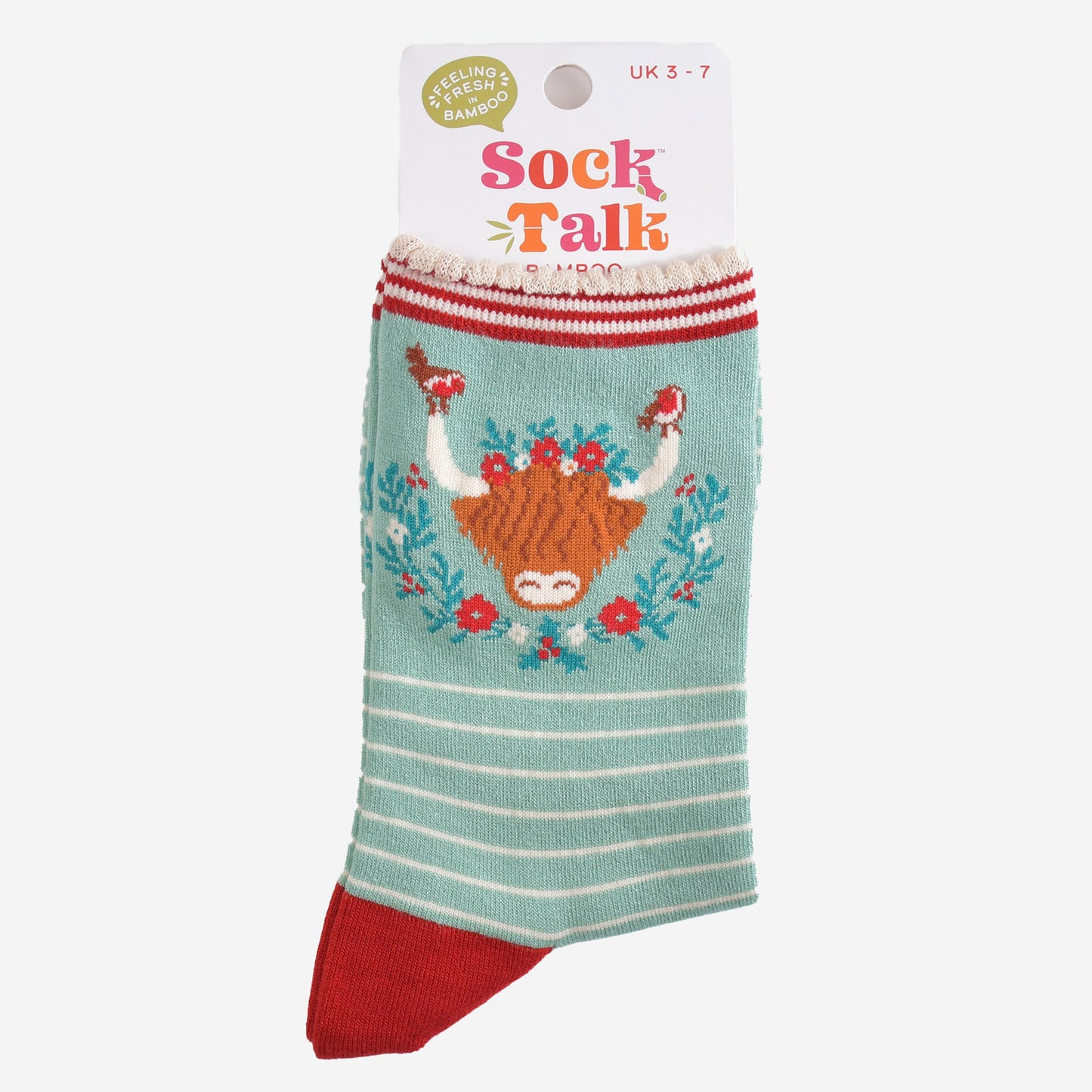 highland cow wreath bamboo socks in their sock talk packaging, these socks are a uk size 3-7