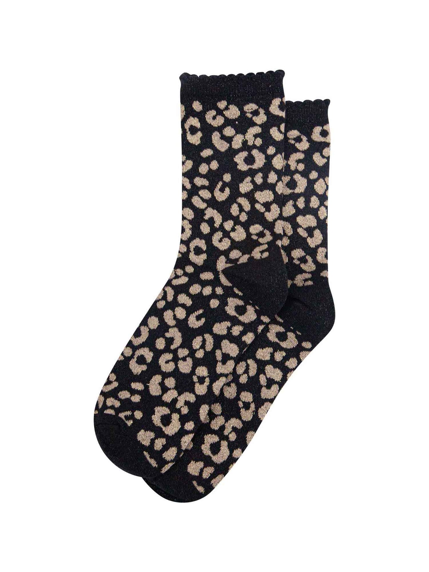 black ankle socks with a gold leopard print pattern, all over glitter sparkle and black scalloped cuff