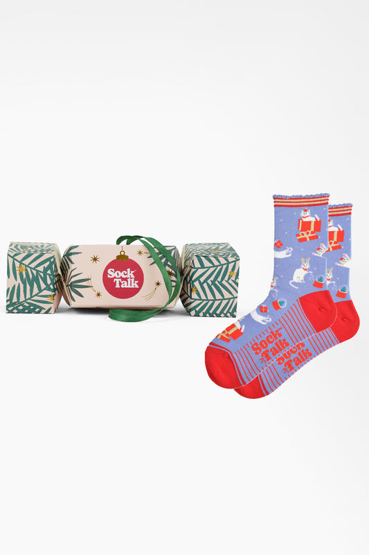 Women's Bamboo Ankle Socks Christmas Cracker Gift Box - Blue/Red, Christmas Cats