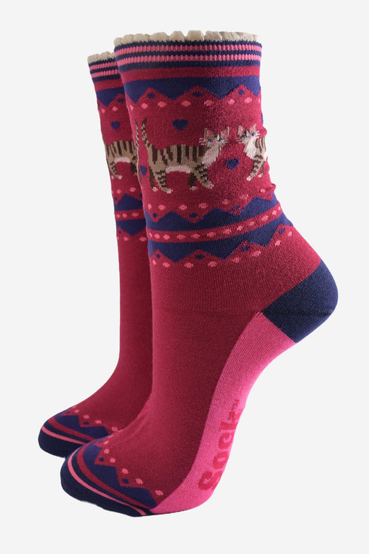 Women's Bamboo Socks - Berry/Navy Blue, Cat Duo