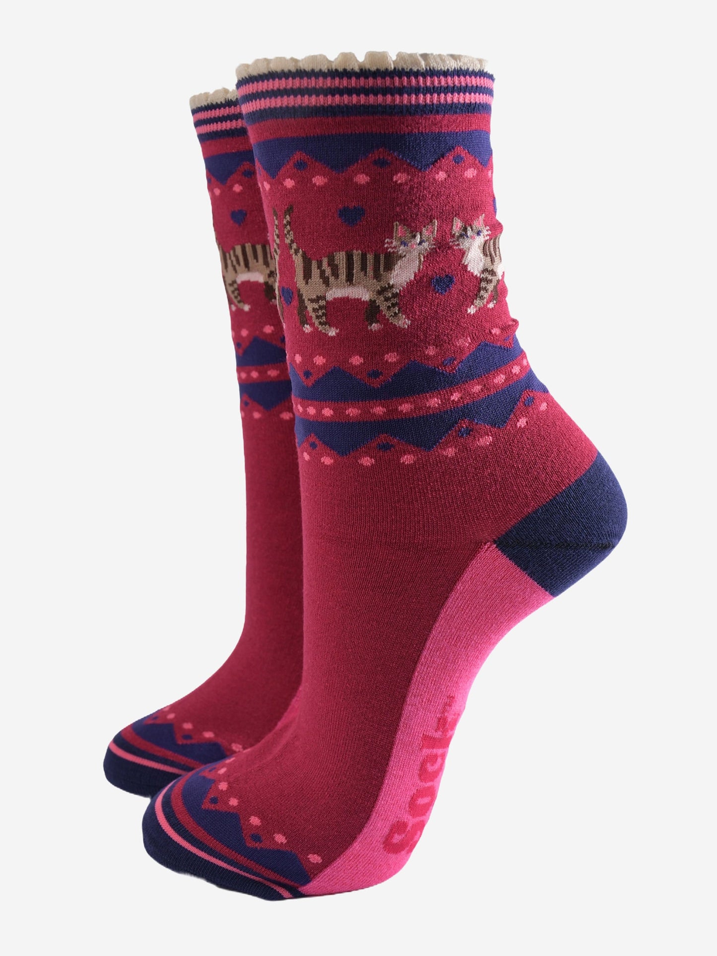 Women's Bamboo Socks - Berry/Navy Blue, Cat Duo