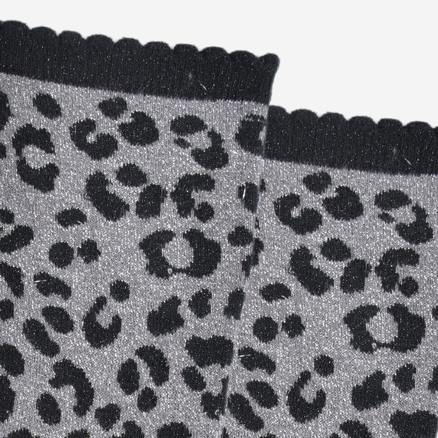close up of the silver glitter sparkle on the grey and black leopard print glitter socks