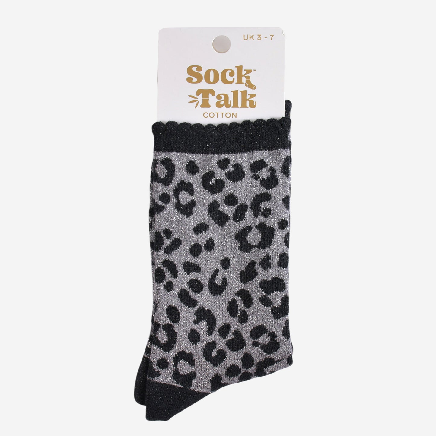 grey and black leopard print glitter socks in their sock talk packaging, these socks are a uk size 3-7