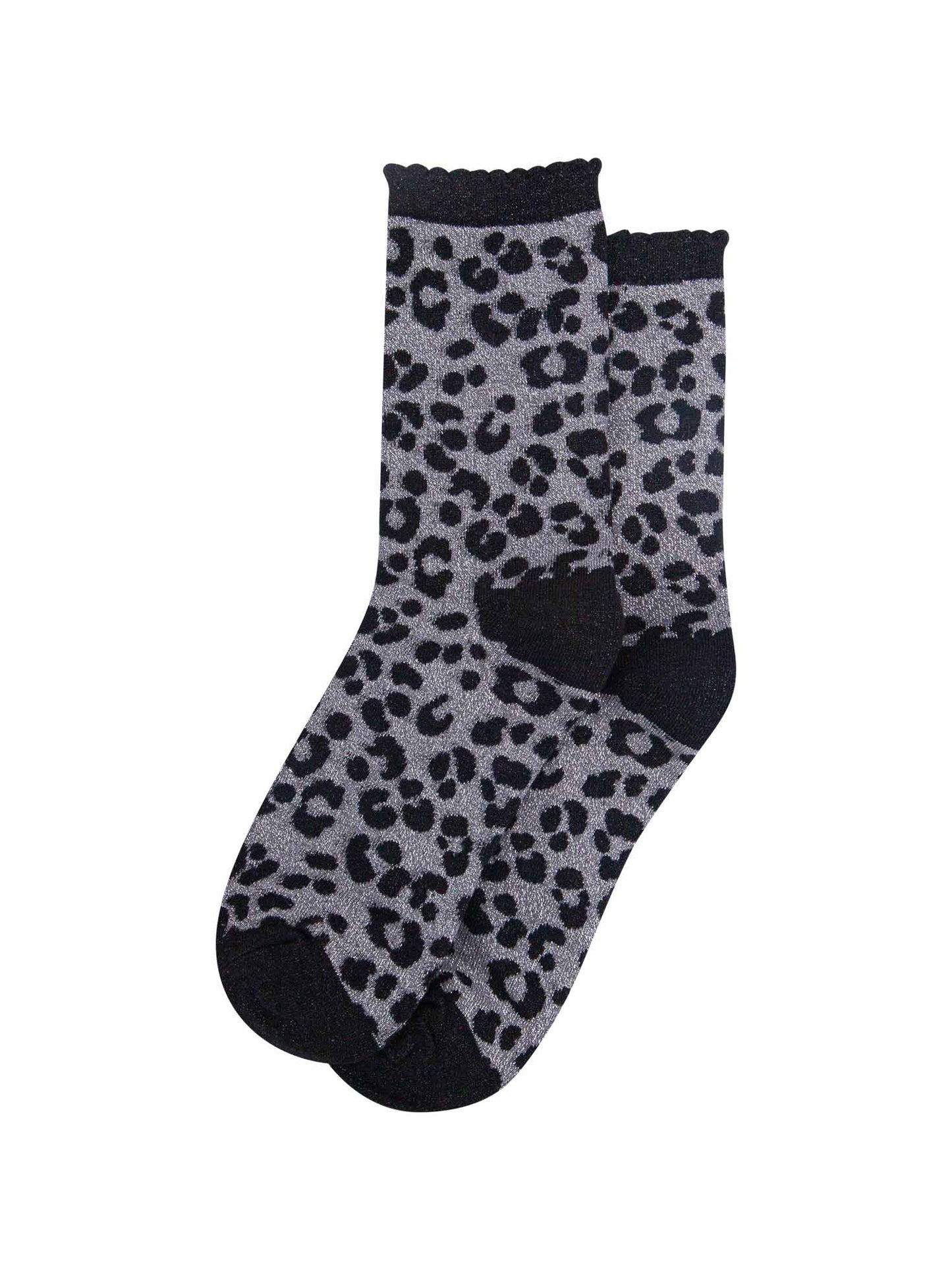 showing the grey and black leopard print glitter socks laying flat, the all over glitter sparkle is visible