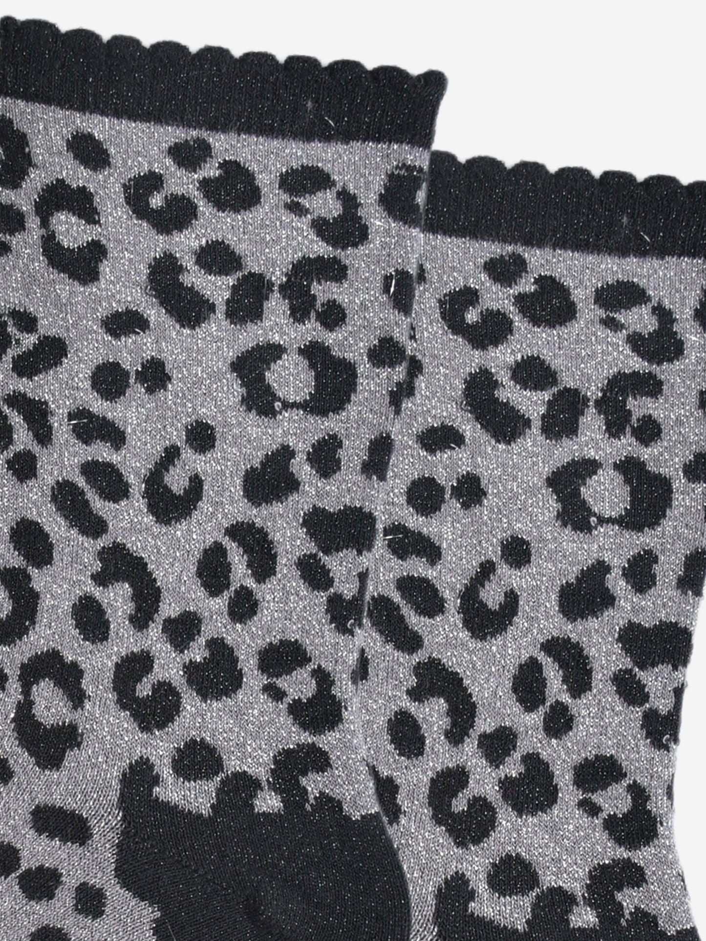 close up of the silver glitter sparkle on the grey and black leopard print glitter socks