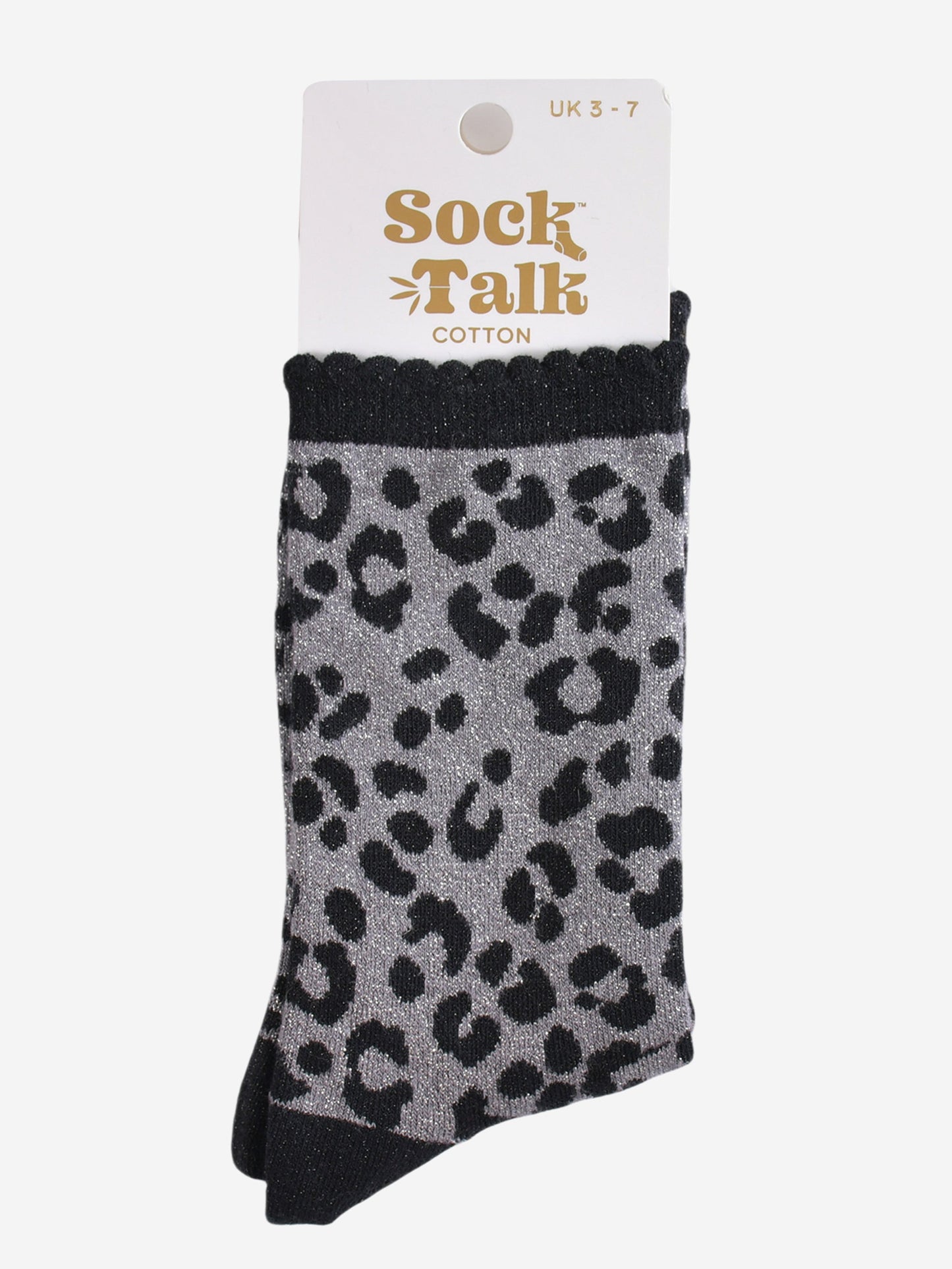 grey and black leopard print glitter socks in their sock talk packaging, these socks are a uk size 3-7