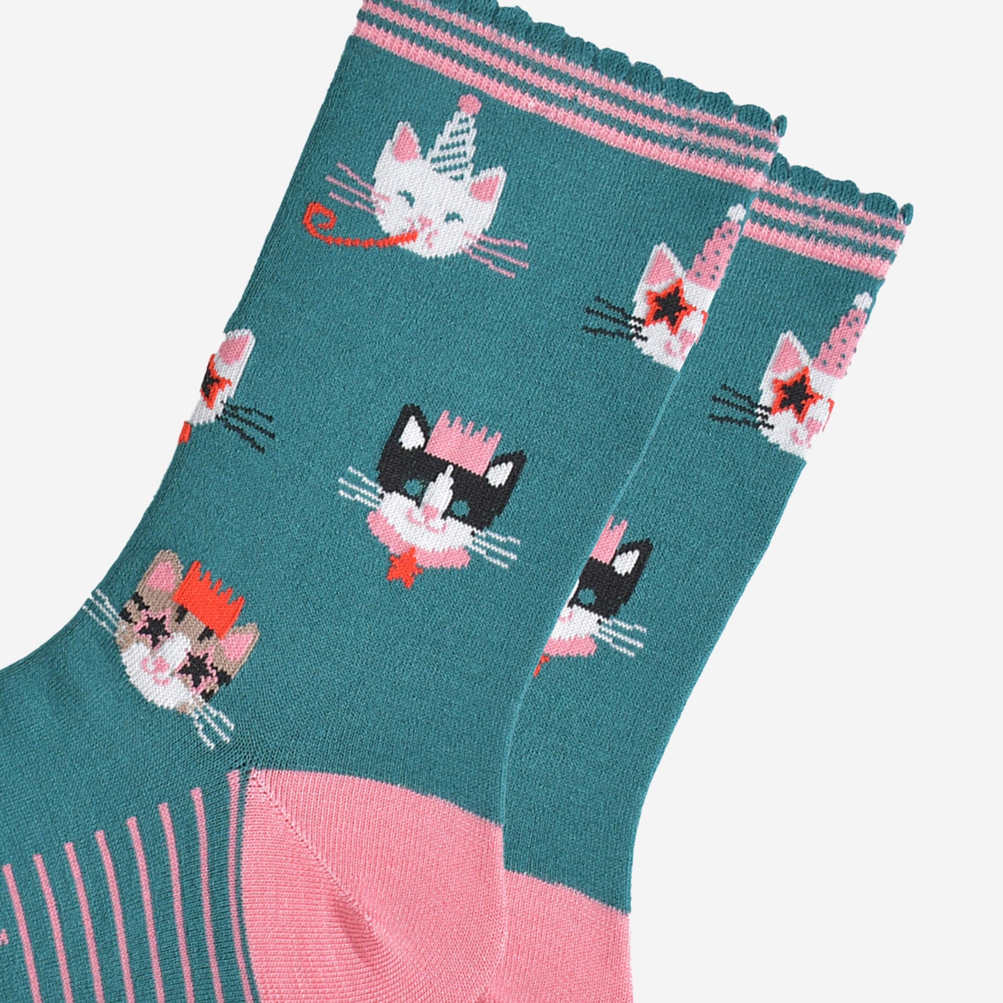 close up of the cat design on the socks, there is a white cat wearing a party hat and blowing a party trumpet, a white cat with a party hat wearing star shaped sunglasses, a black and white cat wearing a pink party crown and a tabby cat wearing a party crown and glasses.