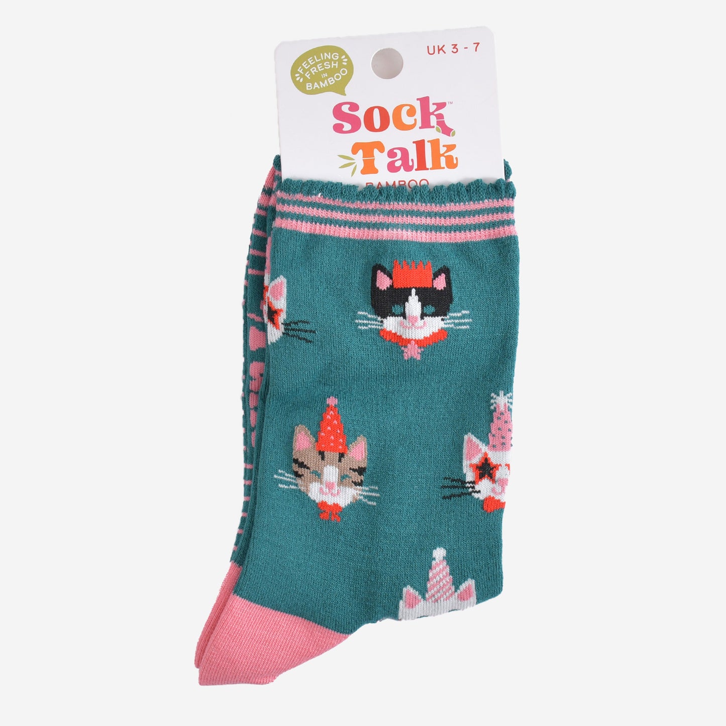 green party cats bamboo socks in their sock talk packaging, these socks are a uk size 3-7