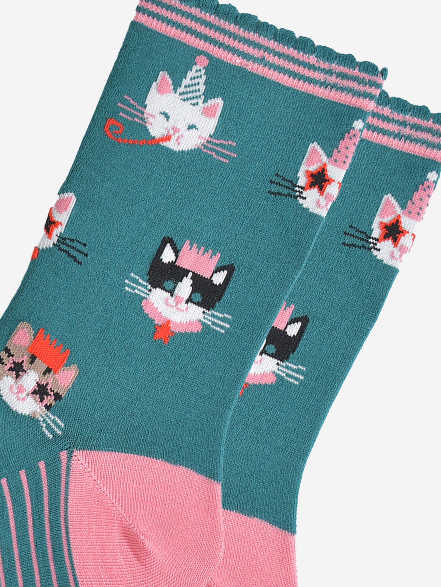 close up of the cat design on the socks, there is a white cat wearing a party hat and blowing a party trumpet, a white cat with a party hat wearing star shaped sunglasses, a black and white cat wearing a pink party crown and a tabby cat wearing a party crown and glasses.