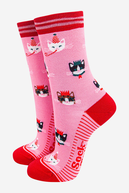 womens-bamboo-socks-hot-pink-red-party-cats-fun