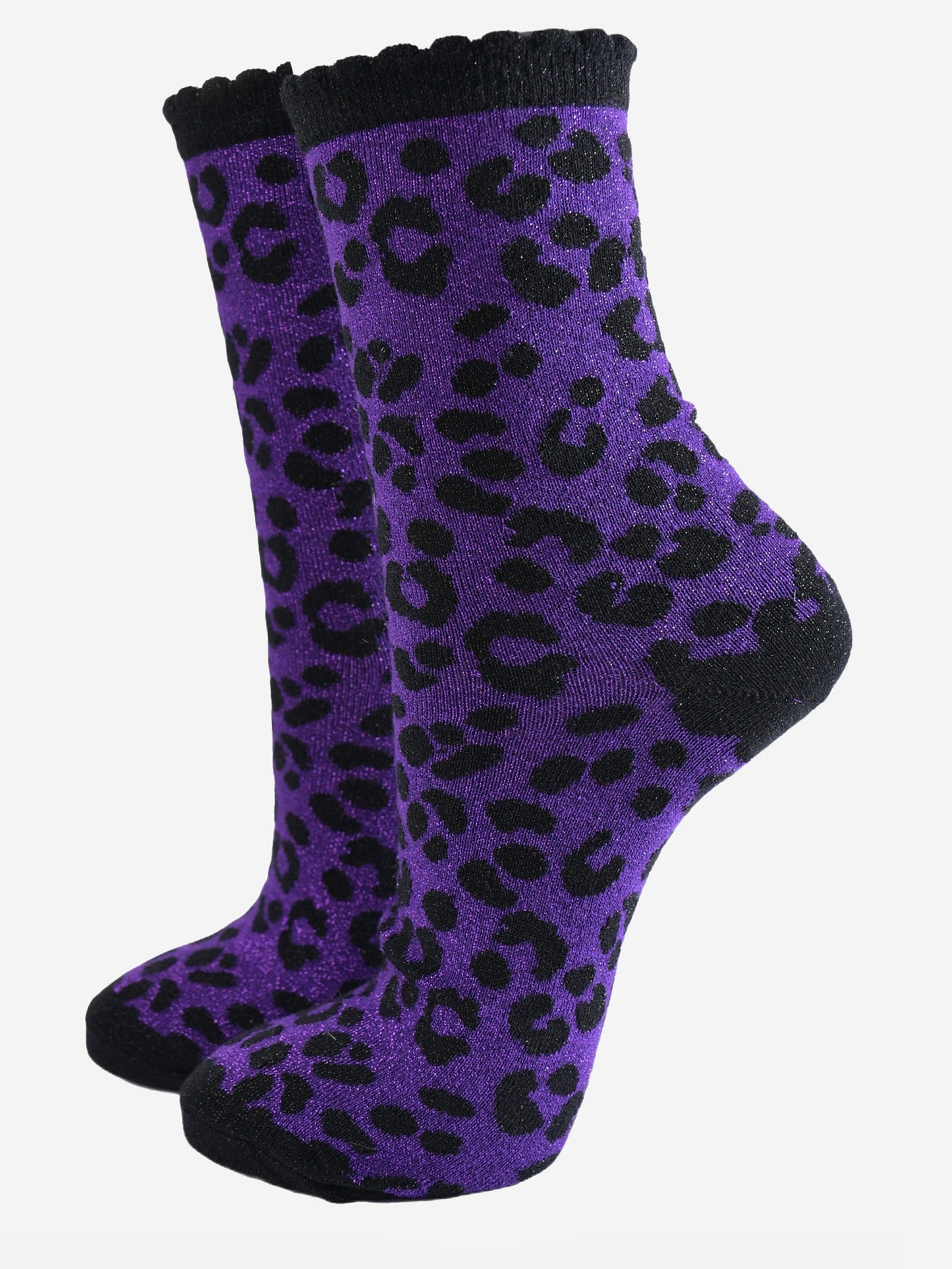 Women's Glitter Socks - Purple/Black, Leopard
