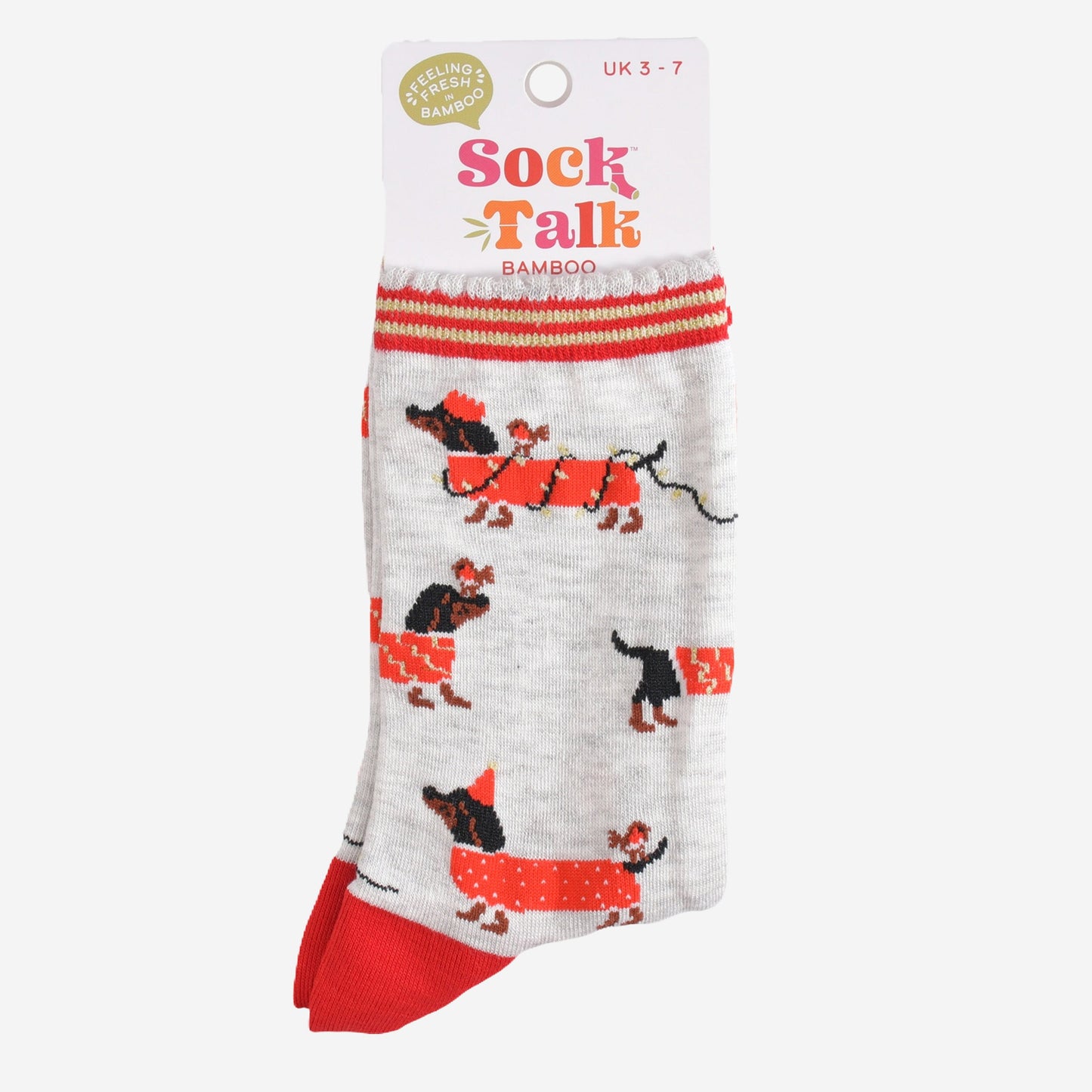 sausage dog and robin bamboo socks in their sock talk packaging, these socks are a uk size 3-7