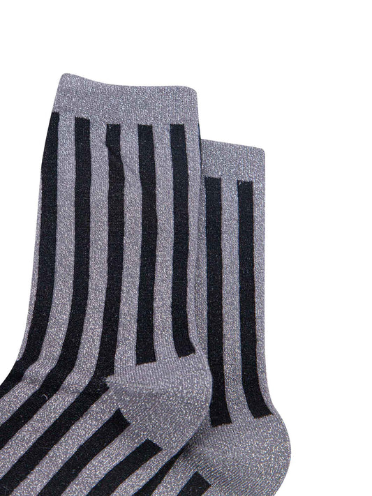 grey and black vertical striped glitter ankle socks