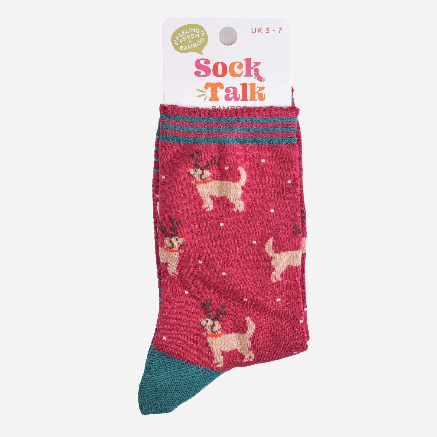 christmas golden retriever bamboo socks in their sock talk packaging, these socks are a uk size 3-7