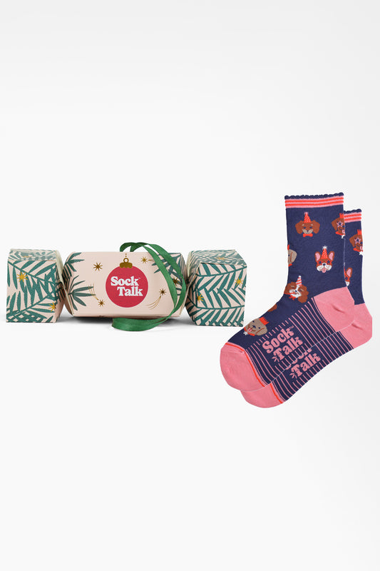 Women's Bamboo Ankle Socks Christmas Cracker Gift Box - Navy Blue/Pink, Party Dogs