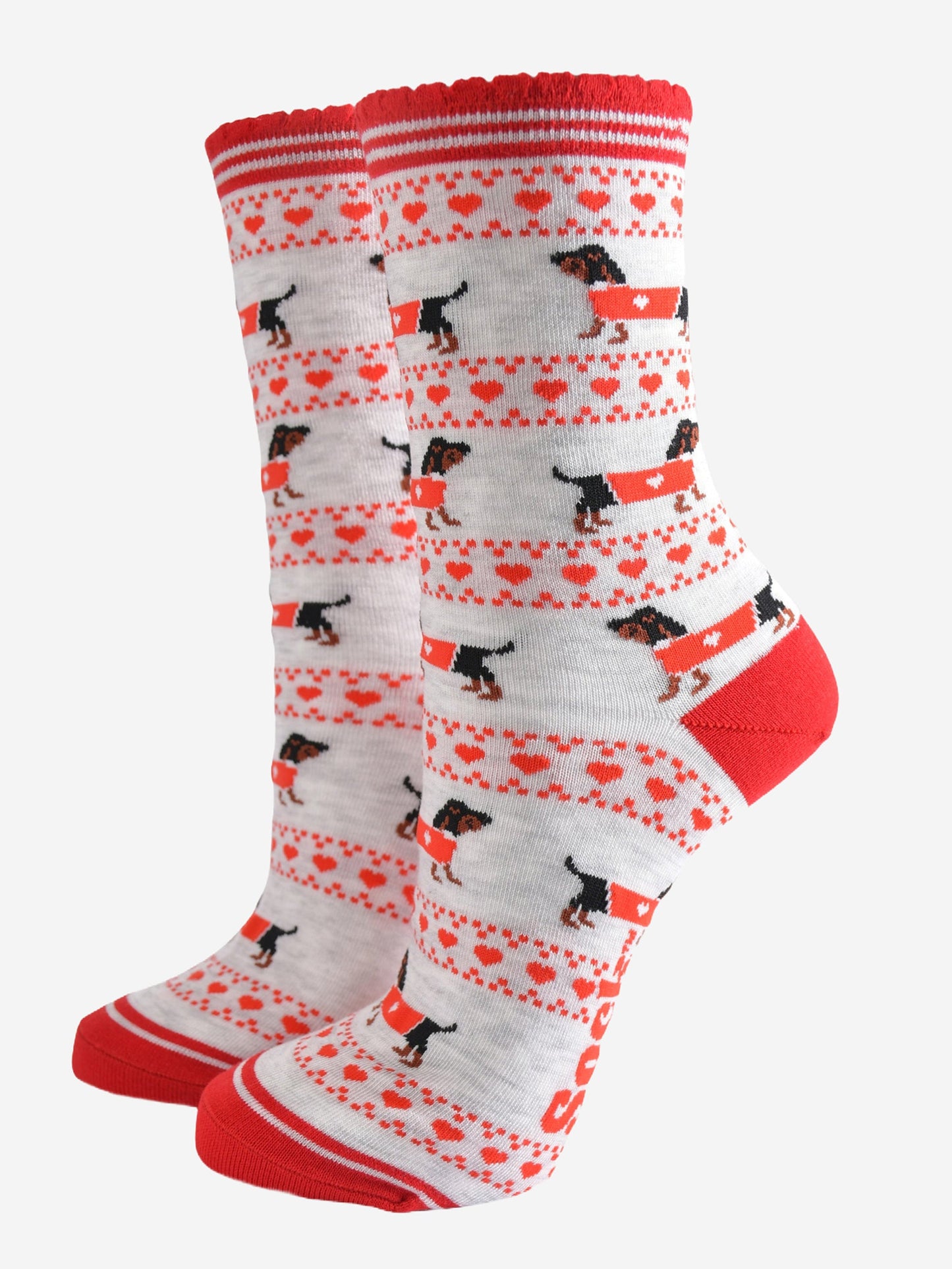 Women's Bamboo Socks - Grey/Red, Sausage Dog Fair Isle