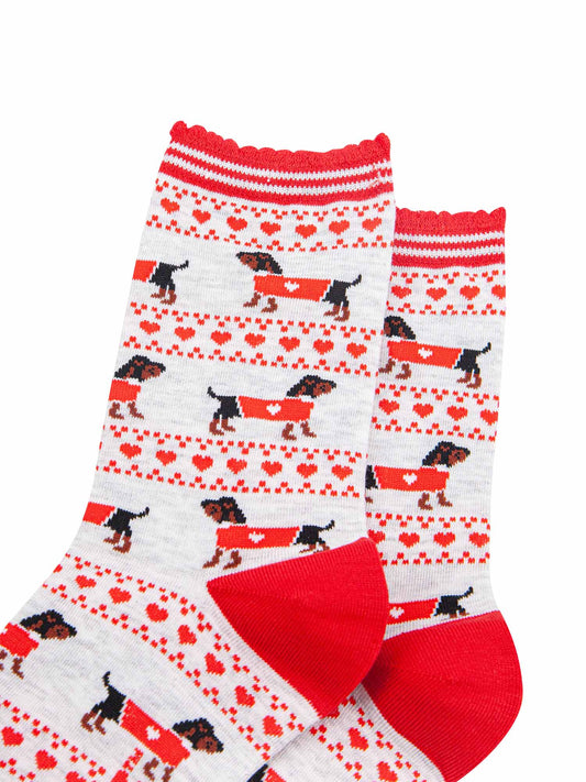 Sausage Dog Fair Isle Bamboo Socks in Grey/Red