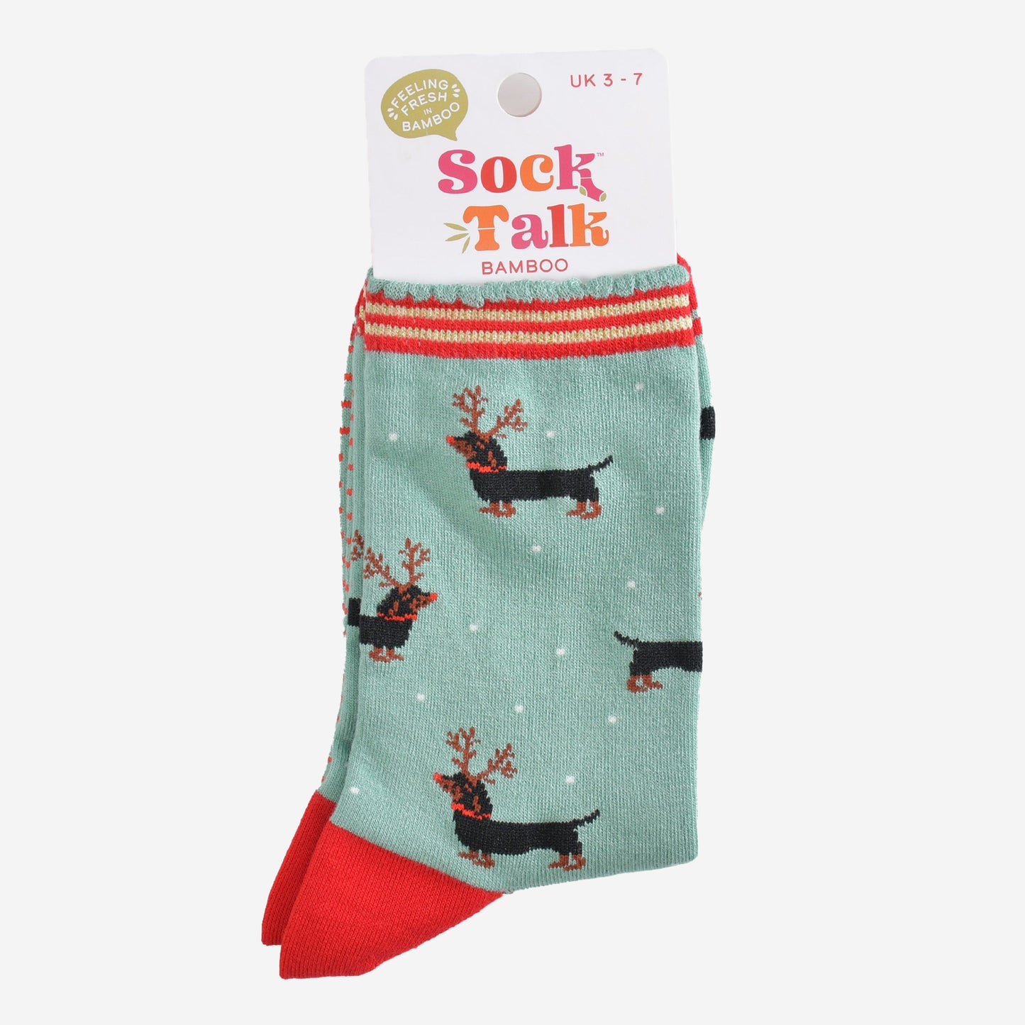 sausage dog christmas reindeer bamboo socks in their sock talk packaging, these socks are a uk size 3-7